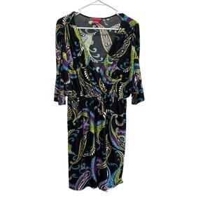 Sunny Leigh Women L Black Paisley V-Neck Short Sleeve Knee Length Dress Bold